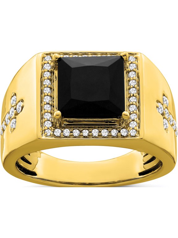 14K Yellow Gold IB Goodman 14K 9mm Square Onyx and 1/2 carat Diamond Halo Mens Cross Ring