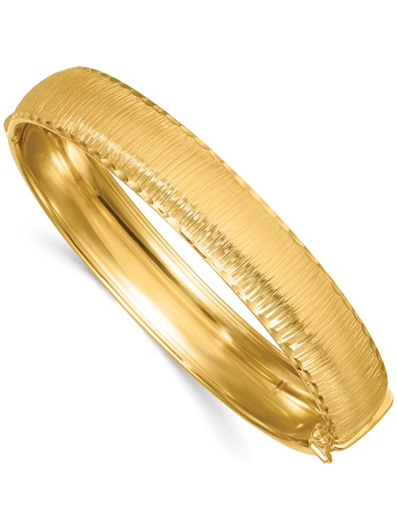 14K Yellow Gold Polished Diamond-cut Textured 11.75mm Hinged Oval Bangle Bracelet