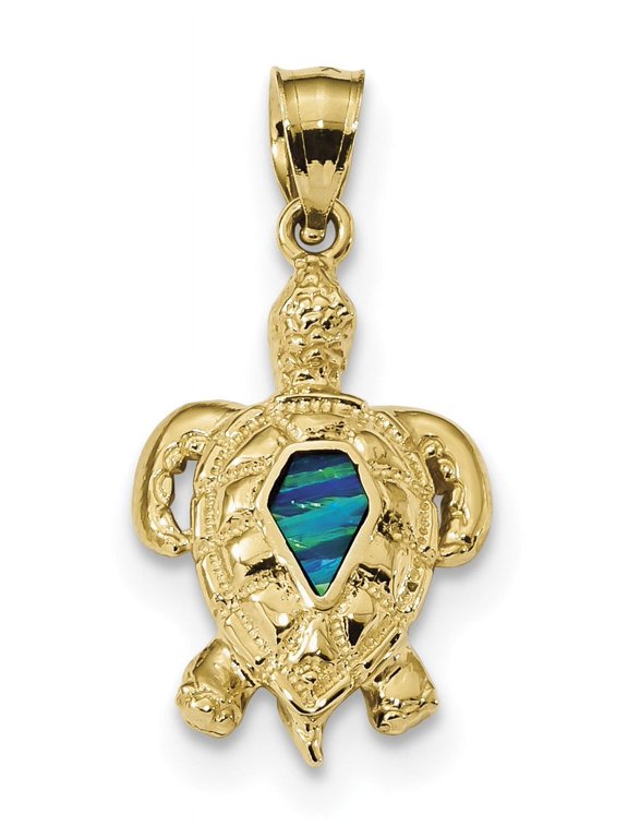 14K Yellow Gold Polished Lab Created Blue Opal Turtle Pendant