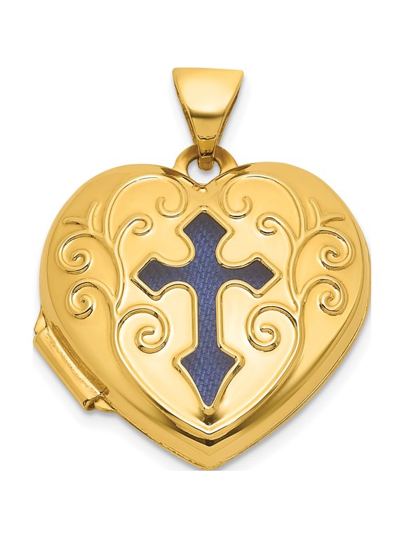 14K Yellow Gold Polished Open Cross with Blue Fabric Interior 18mm Scrolled Heart Locket, 24.5 x 19 mm (Chain Not Included)