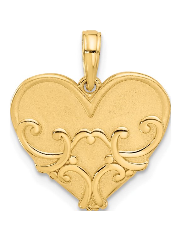 14K Yellow Gold Polished and Brushed Fancy Scrolled Heart Charm, 23 x 18.1 mm (Chain Not Included)