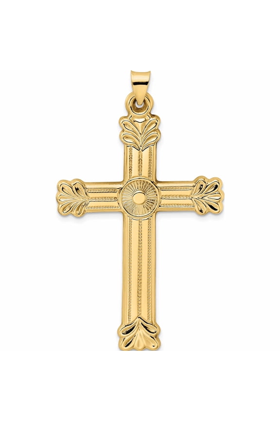 14K Yellow Gold Polished and Textured Circle Center Cross Pendant