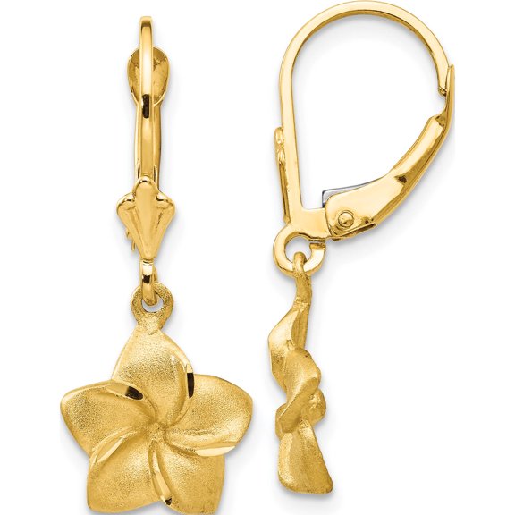 Jewelry by Sweet Pea 14K Yellow Gold Satin and Diamond-Cut Plumeria Dangle Leverback Earrings