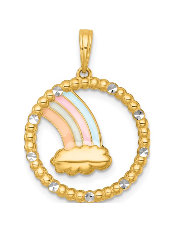 14K with White Rhodium Multi Color Enamel Rainbow With Cloud in Circle Charm, 27 x 19.5 mm (Chain Not Included)