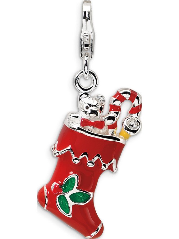 Amore La Vita Sterling Silver Rhodium-plated Polished 3-D Red Enameled Holiday Stocking Charm with Fancy Lobster Clasp