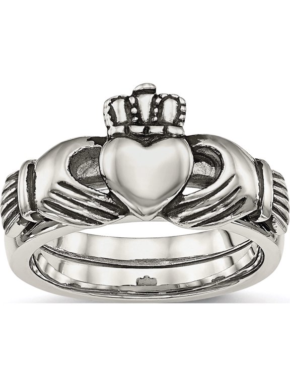 Chisel Stainless Steel Antiqued Love, Loyalty, Friendship Claddagh Hinged Ring
