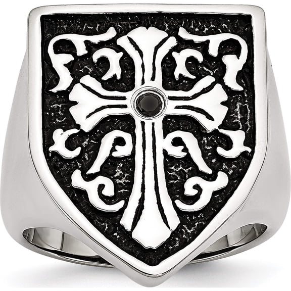 Jewelry by Sweet Pea Chisel Stainless Steel Antiqued and Polished 1/20 Carat Black Diamond Shield Ring