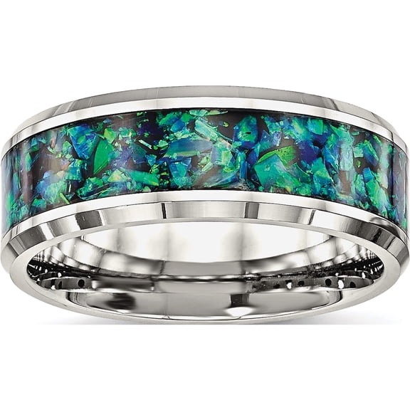 Jewelry by Sweet Pea Chisel Stainless Steel Polished with Blue Imitation Opal Inlay 8mm Band