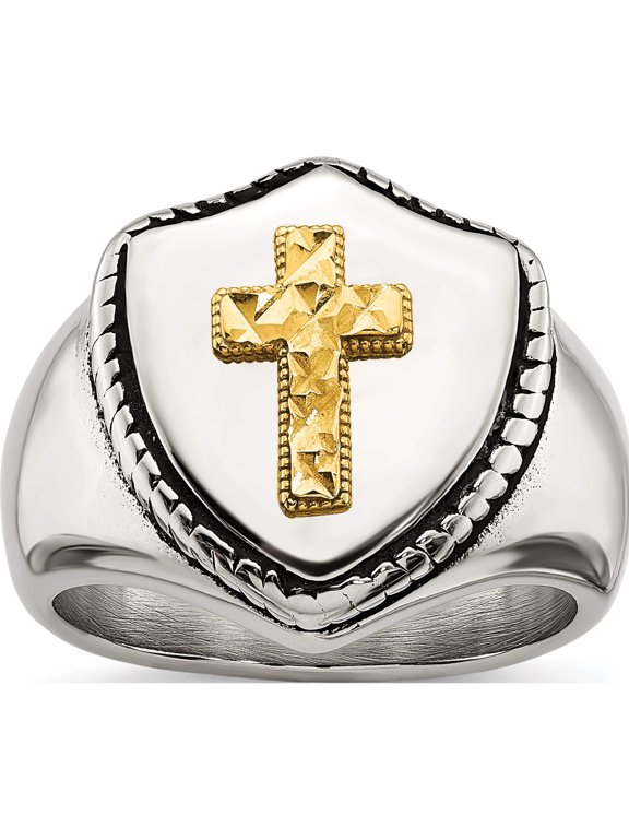 Chisel Stainless Steel with 14K Gold Accent Antiqued and Polished Cross on Shield Ring