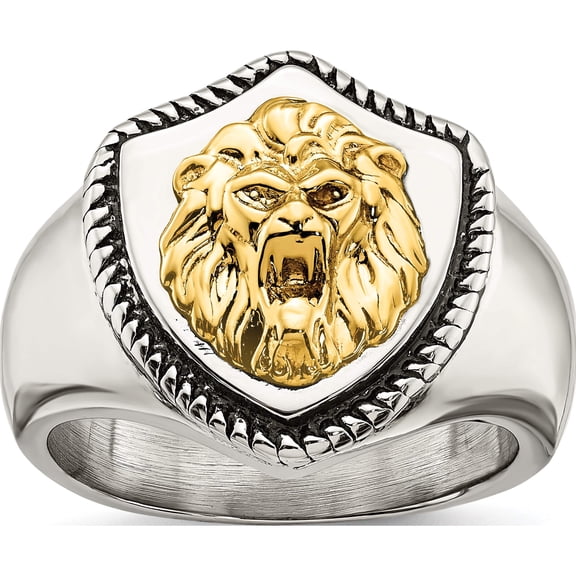 Jewelry by Sweet Pea Chisel Stainless Steel with 14K Gold Accent Antiqued and Polished Lion on Shield Ring