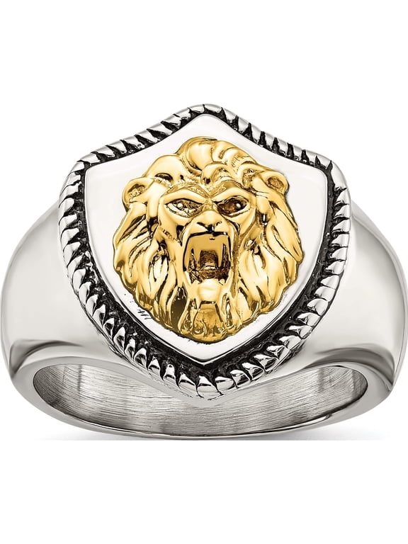 Chisel Stainless Steel with 14K Gold Accent Antiqued and Polished Lion on Shield Ring