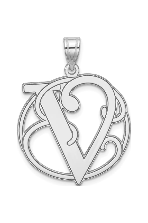 Large Sterling Silver Rhodium-plated Fancy Script Letter V Initial Pendant