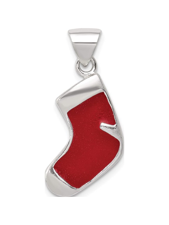 Sterling Silver Enameled Christmas Stocking Charm, 25 x 10 mm (Chain Not Included)