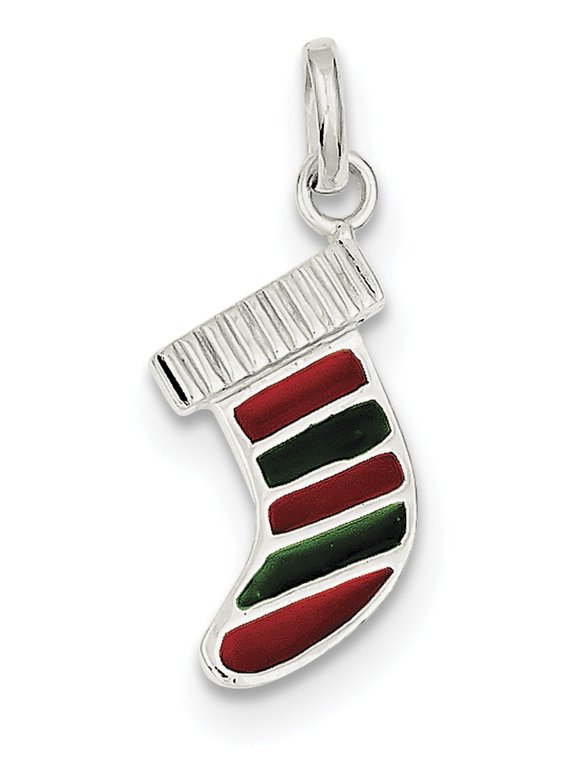 Sterling Silver Enameled Christmas Stocking Charm, 30 x 10 mm (Chain Not Included)