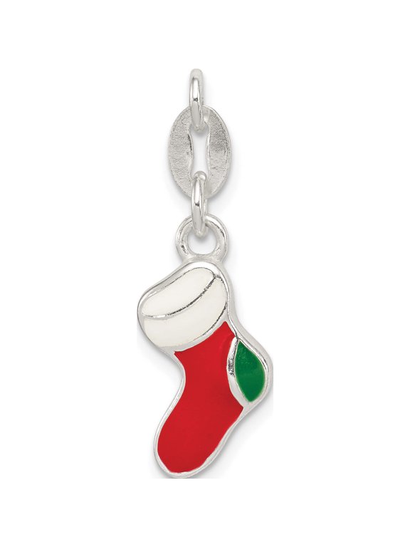 Sterling Silver Polished Enamel Christmas Stocking Charm, 17.5 x 6.5 mm (Chain Not Included)