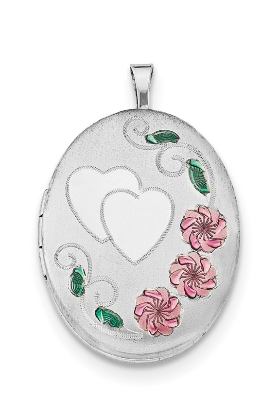 Sterling Silver Rhod-plated Satin Enamel & Diamond-Cut Floral & Heart Oval Locket