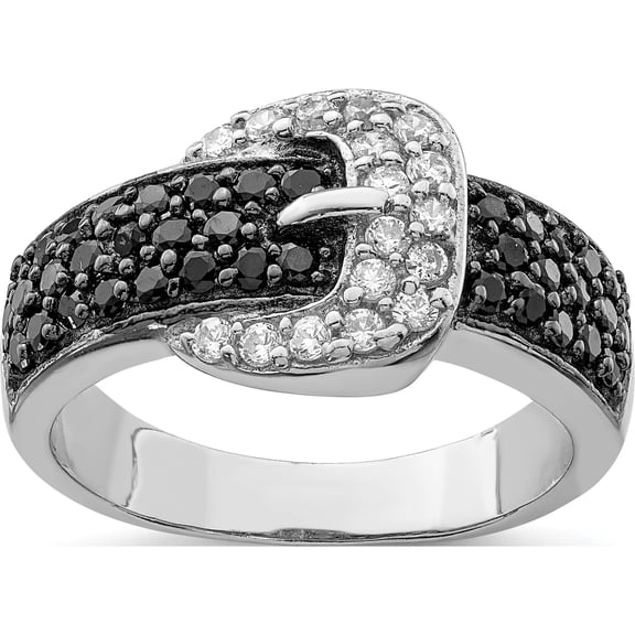 Jewelry by Sweet Pea Sterling Silver Rhodium Black and Clear CZ Buckle Ring