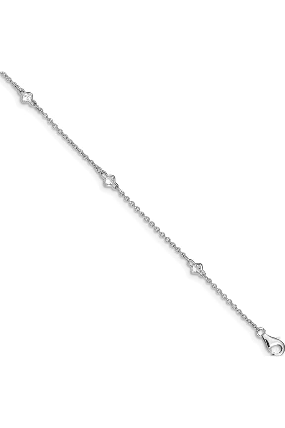 Sterling Silver Rhodium-Plated 9In Plus 1In Ext. 5 Station Cz Anklet Made In China qg2815-9