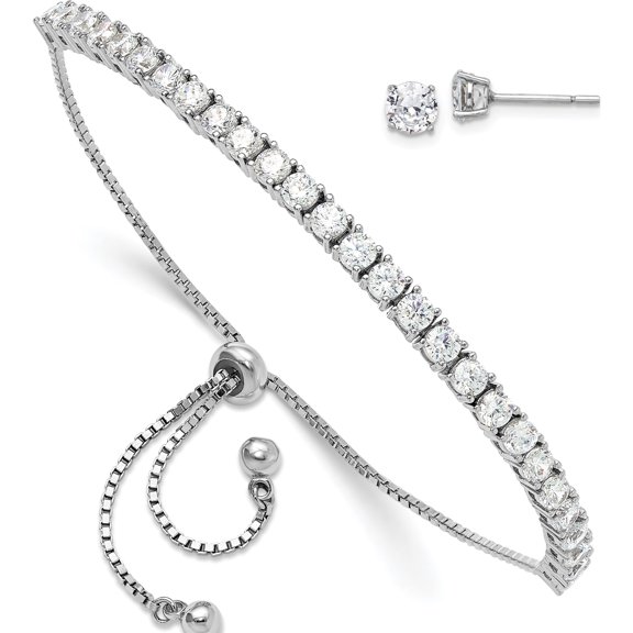 Jewelry by Sweet Pea Sterling Silver Rhodium-plated CZ Adjustable Bracelet and Post Earring Set