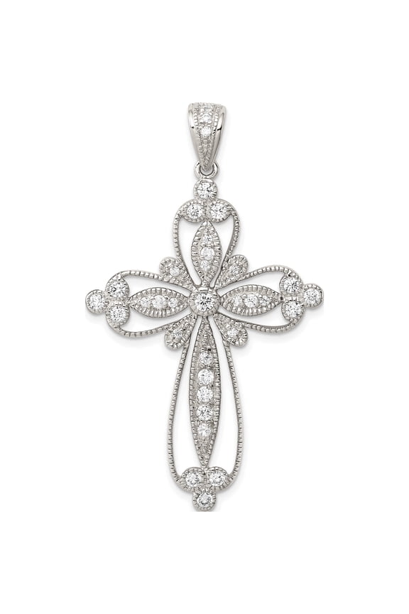 Sterling Silver Rhodium-plated CZ Filigree Cross Pendant