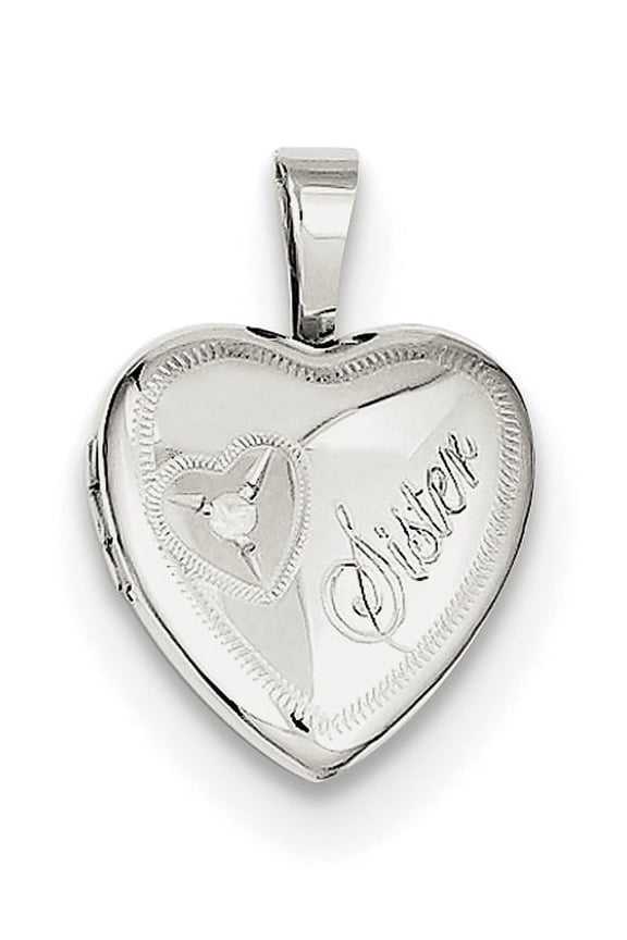 Sterling Silver Rhodium-plated & Diamond Sister Heart 12mm Heart Locket