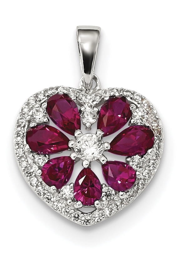 Sterling Silver Rhodium-plated Polished CZ and Lab Cr. Ruby Heart Pendant