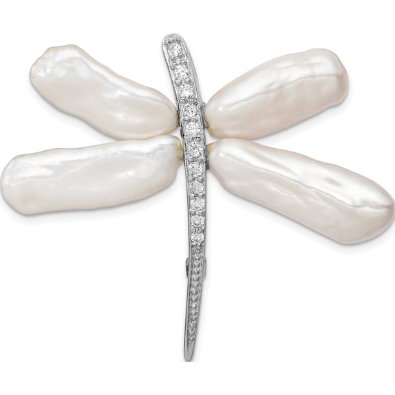 Jewelry by Sweet Pea Sterling Silver Rhodium-plated White Baroque Freshwater Cultured Pearl and CZ Dragonfly Slide Pin