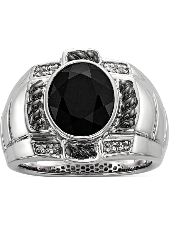White Night Sterling Silver Black Rhodium-plated Diamond and Onyx Oval Men's Ring