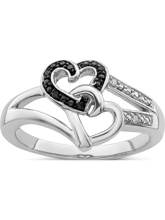 White Night Sterling Silver Rhodium-plated Black and White Diamond Heart Ring
