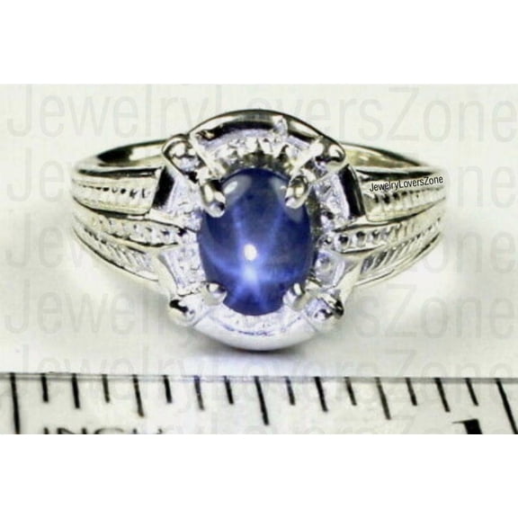 JewelryLoversZone 925 Sterling Silver Blue Star Sapphire Ring for Women Elegant Blue Sapphire Gemstone Wedding Ring Gift for Her Silver 3