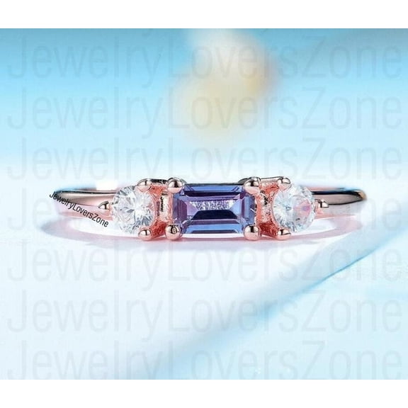 JewelryLoversZone 925 Sterling Silver Emerald Cut, Color Changing Alexandrite Birthstone Engagement Ring for Women, Promise Ring Gold 6.5