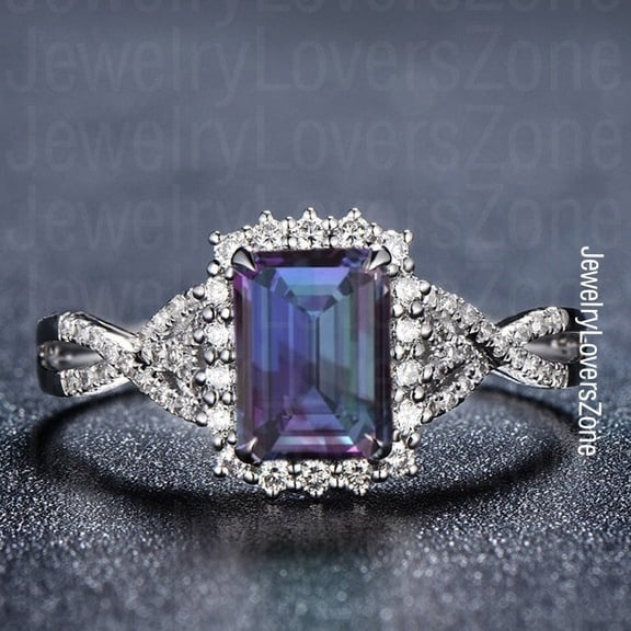 JewelryLoversZone Alexandrite Engagement Ring, 925 Sterling Silver, Emerald Cut Lab Created Color Change Halo Ring Gift for Women Silver 11.5