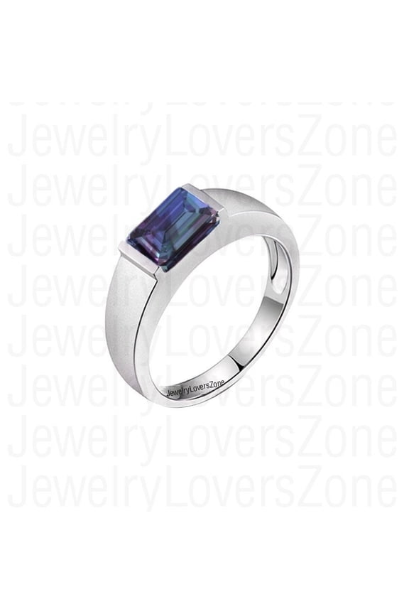 Alexandrite Statement Ring for Men Emerald Cut Color Changing 925 Sterling Silver Rhodium Plated Solitaire Ring Gold 4