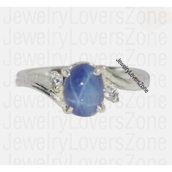JewelryLoversZone Blue Star Sapphire Ring 925 Sterling Silver Art Deco Engagement Ring Oval Cabochon Promise Ring for Women Size :- 3