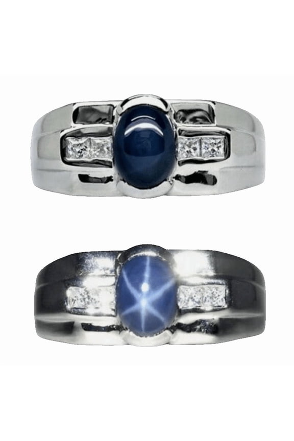 Blue Star Sapphire Ring for Men 925 Sterling Silver Vintage Signet Ring 6-Ray Sapphire Jewelry for Gift Gold 10.5