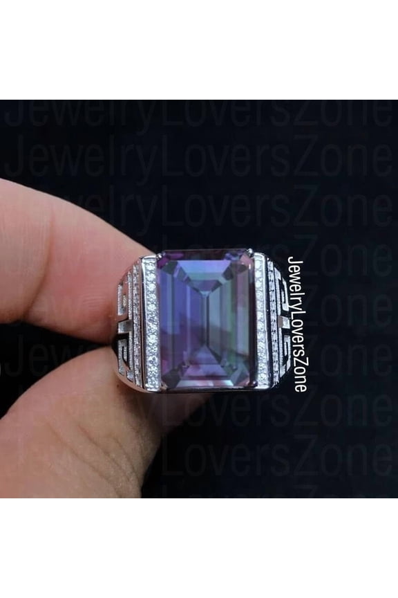 Emerald Cut Alexandrite Men’s Ring, Color Changing Gemstone, 925 Sterling Silver with Zircon Accents Ring Black Vermeil 10