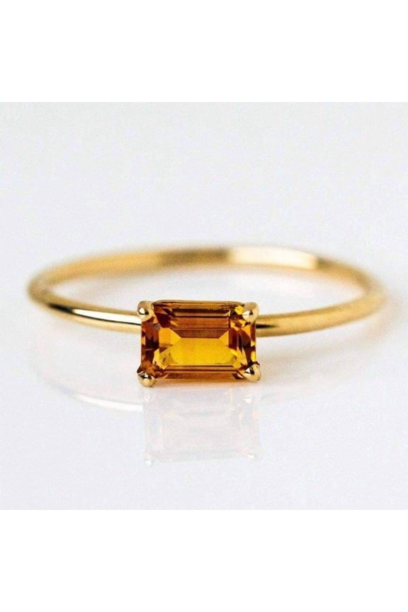 Natural Golden Yellow Topaz Ring for Women, Emerald Cut Sterling Silver Gold Tone November Birthstone Jewelry for Her Size :- 9