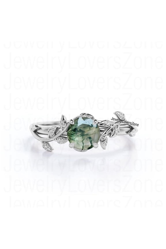 Natural Moss Agate Leaf Ring 7x7mm Round Engagement Ring Sterling Silver Nature Inspired Anniversary Ring for Women Size :- 9