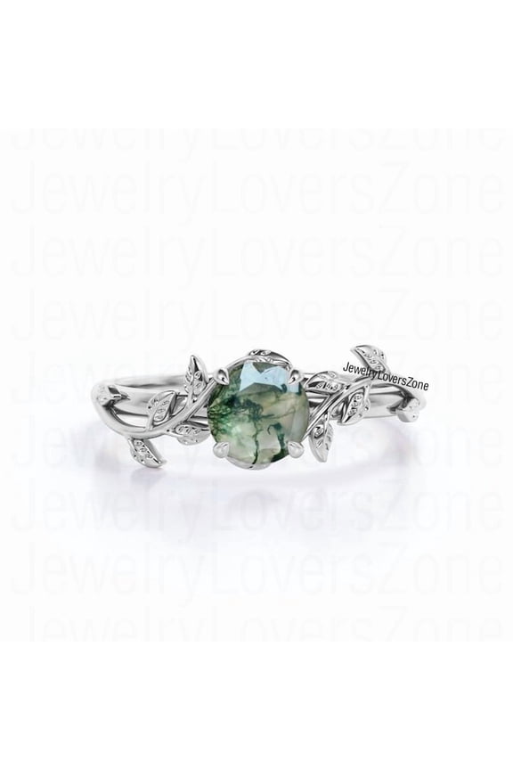 Natural Moss Agate Ring for Women Sterling Silver Leaf Nature Inspired Engagement Jewelry Ring for Women Size :- 5