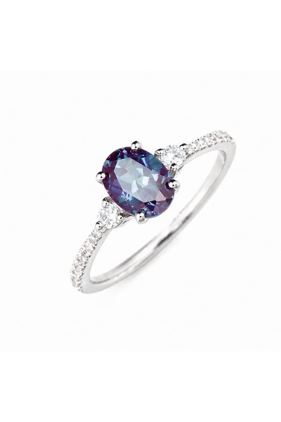 Oval Cut Alexandrite Engagement Color Changing Stone with Zircon Accents, June Birthstone Gemstone Ring Size :- 5.5
