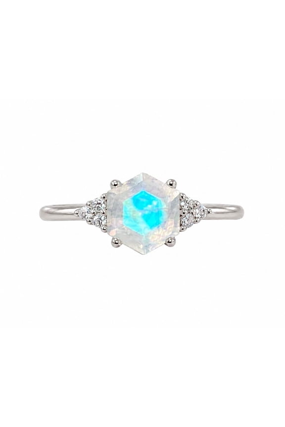 Rainbow Moonstone Solid Silver Hexagon Cut Solitaire Ring, Natural Moonstone Engagement Jewelry for Women Size :- 9.5