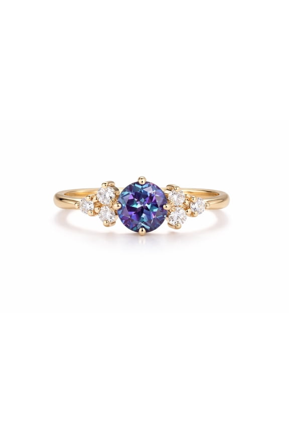 Round Alexandrite Engagement Ring, Lab Created Color Changing Stone with Zircon Accents, Art Deco Style Gift Silver 8.5