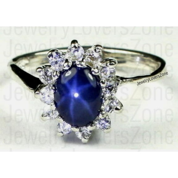 JewelryLoversZone Star Sapphire Ring 925 Sterling Silver Blue Gemstone Anniversary Ring Stunning Star Design Jewelry Gift for Her Silver 3