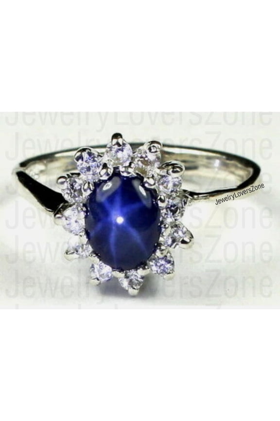 Star Sapphire Ring 925 Sterling Silver Blue Gemstone Anniversary Ring Stunning Star Design Jewelry Gift for Her Silver 4