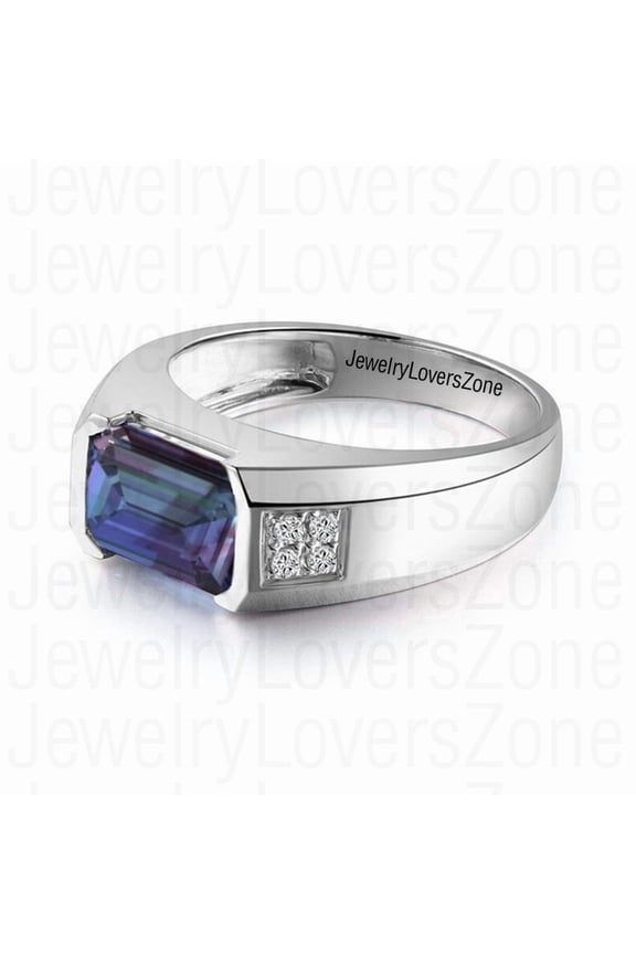 Sterling Silver Alexandrite Men’s Ring Silver Band with Color-Changing Alexandrite Gems Handmade Jewelry for Gift Gold 8.5