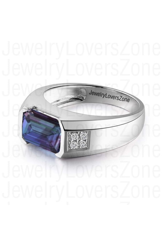 Sterling Silver Alexandrite Men’s Ring Silver Band with Color-Changing Alexandrite Gems Handmade Jewelry for Gift Rose Gold 13