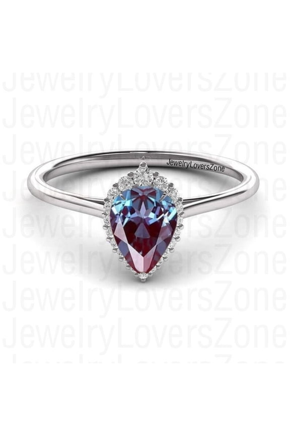 Teardrop Lab Alexandrite Ring, Pear Cut Sterling Silver June Birthstone Engagement Ring, Valentine Gift Black Vermeil 9