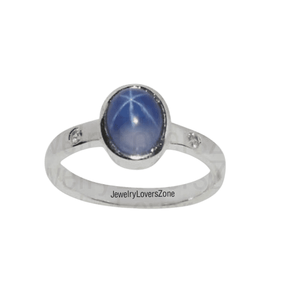 JewelryLoversZone Vintage Blue Star Sapphire Ring Sterling Silver Oval Shape Gemstone Ring Fine Women Jewelry Piece for Collectors Silver 3
