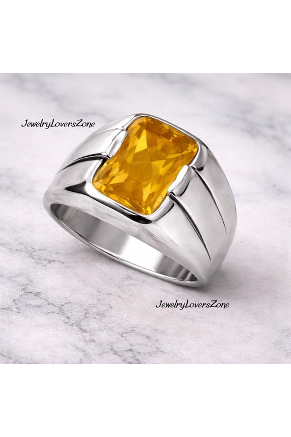Yellow Topaz Ring for Men, November Birthstone Art Deco Statement Ring with Rectangular Gemstone Size :- 11
