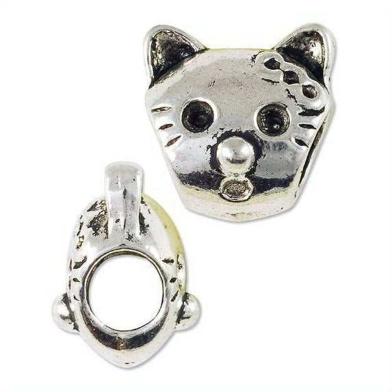 JewelrySupply Large Hole Metal Cat Face Bead 12mm Pewter Antique Silver Plated (Package of 1 Bead)